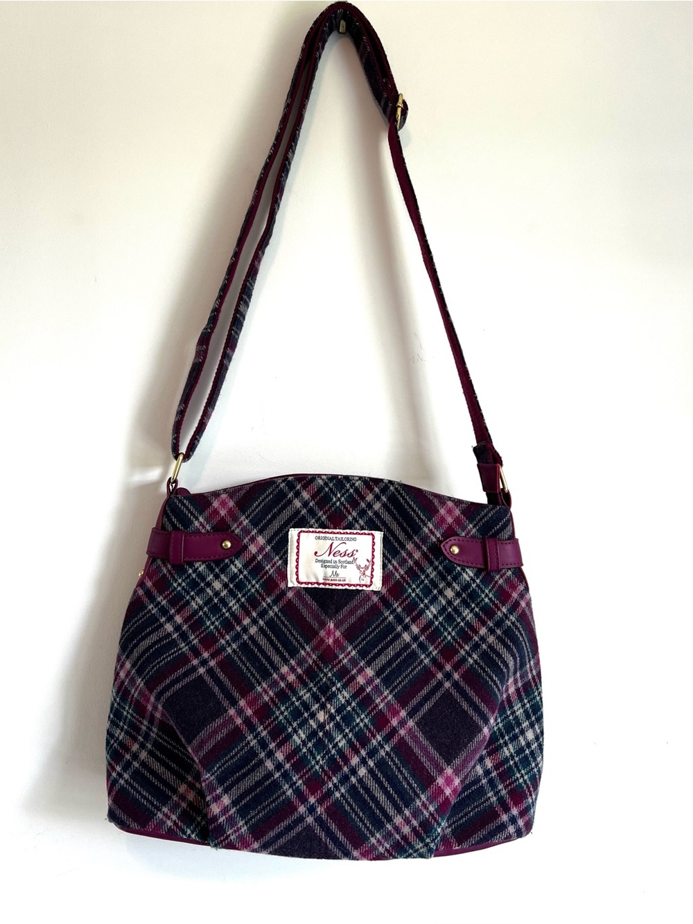 Ness Scotland Heritage Plaid Tweed Satchel Crossbody Bag - Purple/Burgundy - Picture 3 of 16